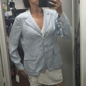 Lands End Women 100% Linen Light Blue Pinstripe Blazer Size 16 P